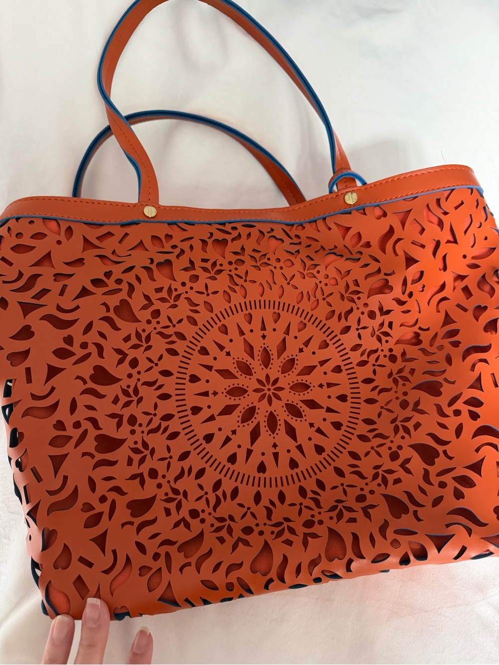 Carlos Santana Orange Laser-Cut Tote with Blue Edge Trim